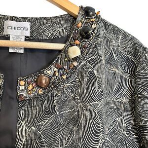 Chico's Beaded Blazer Size 3 US XL Cotton Silk Blend Collarless 3/4 Sleeve Black